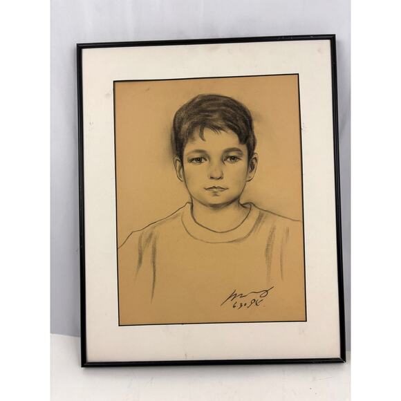 Vintage Pencil Drawing of Boy - Wall Art Portrait 1990s OOAK - Picture 8 of 11